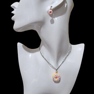 Donut Charm Necklace and Light Pink Donut Earring Set - Multicolor